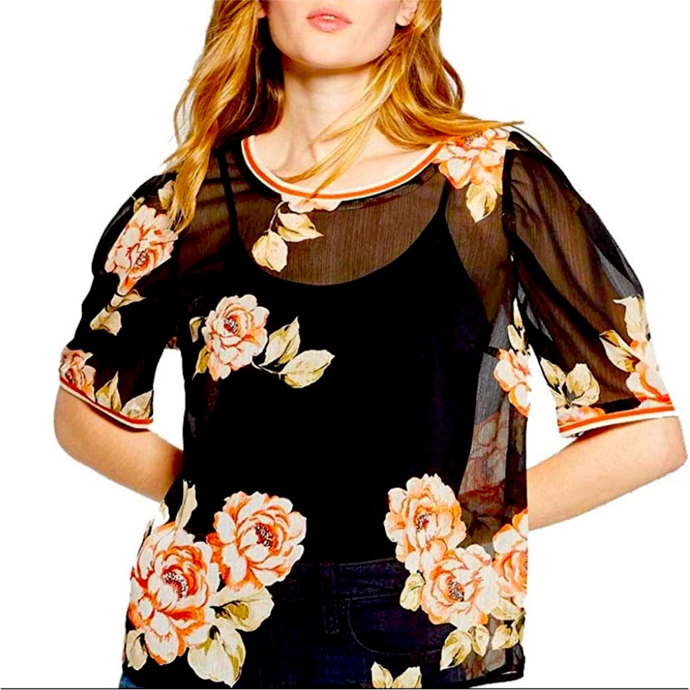 NWT A New Day Sheer Floral Short Sleeve Mesh Tee T-Shirt Blouse Top